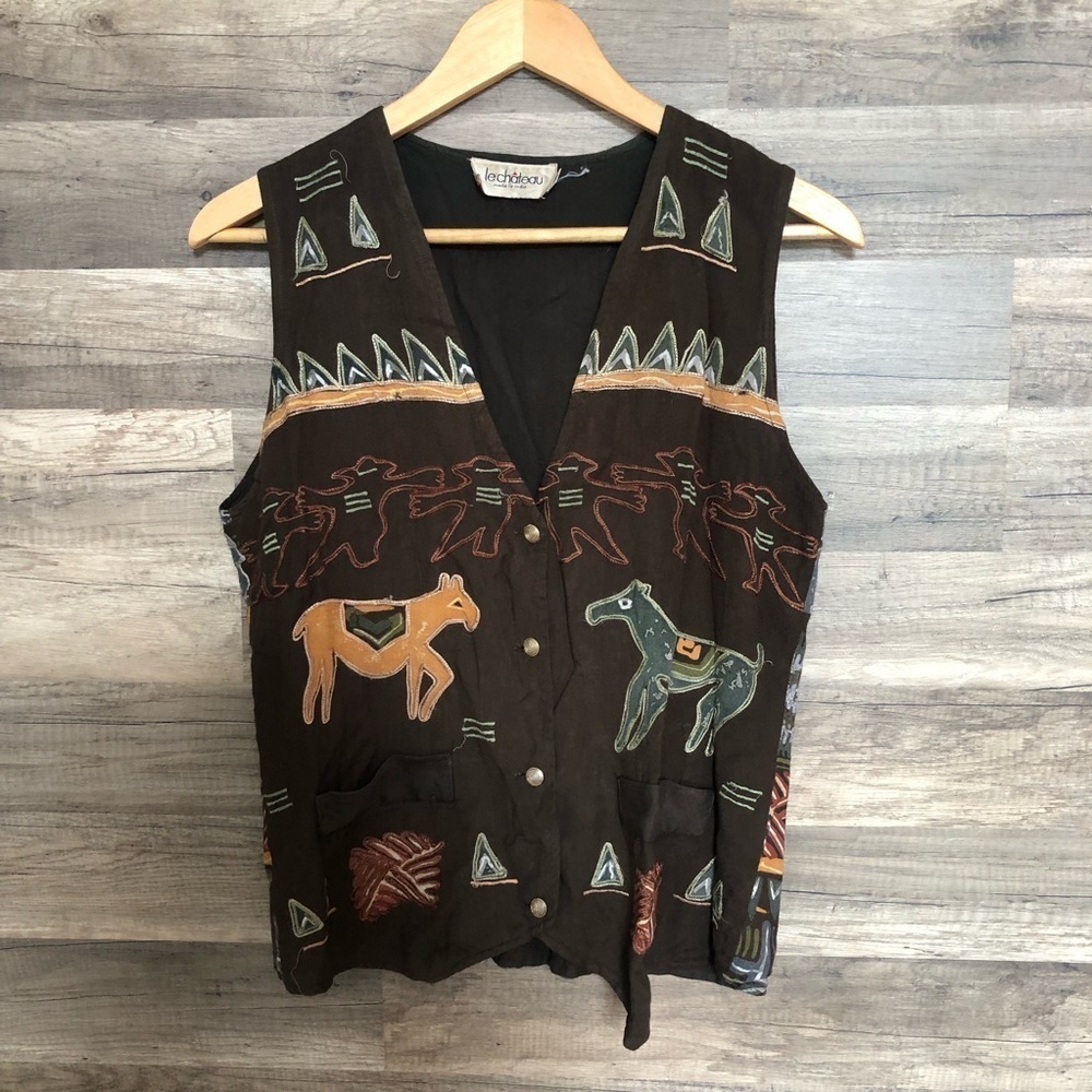 Vintage 80s Le Château Southwestern Aztec Coord Set Vest and Pants Small - Picture 6 of 16